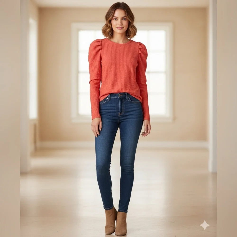 Loft Chic Petite Pleated Puff Sleeve Orange Knit Coral Long Sleeve‎ Top XS flaw